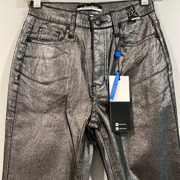 Vibrant Silver Gray Metallic Bootcut Flare Denim Shiny Pants NWT Multiple Sizes - Picture 2 of 16